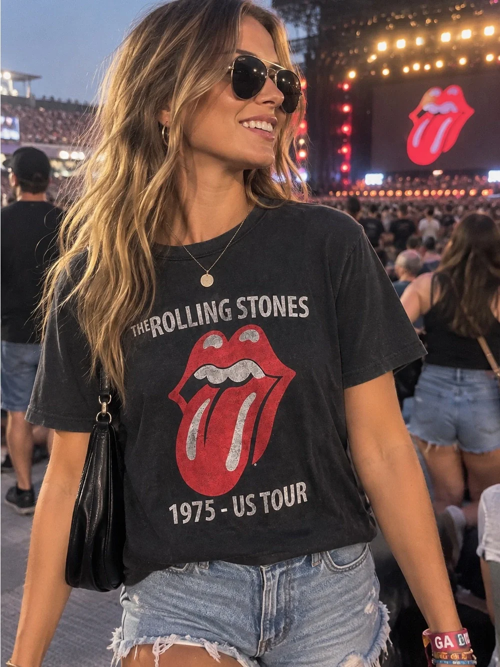 The Rolling Stones 1975 US Tour Black Graphic Band T Shirt Size L Rock Tee